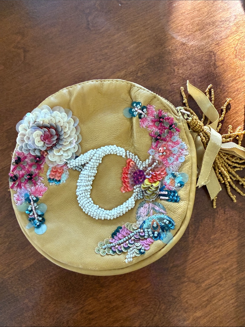 Anthropologie Mustard Yellow Embellished Round Clutch